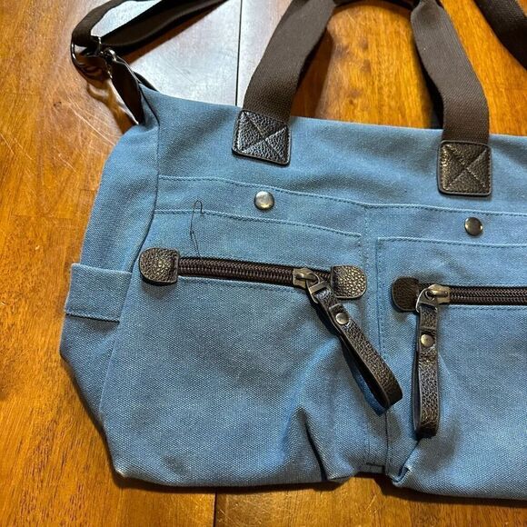 TaoMaoMao Blue Canvas Shoulder Bag Tote Brown Straps Trim Work Travel Bag 15x12” - Picture 2 of 11